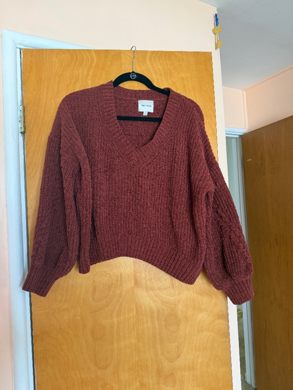 Burnt Orange Crop Knit Chunky Arm Sweater, Pink Rose, Side L